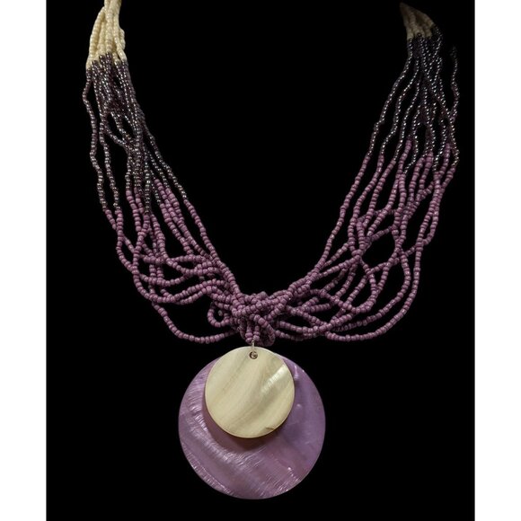 Neutral Mermaidcore Purple And White Glass Beaded Shell Pendant Necklace - Picture 2 of 6